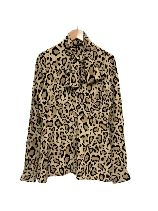 Gucci Tops - Gucci Leopard Print Bowtie Long Sleeve Silk Blouse 40 Beige Black
